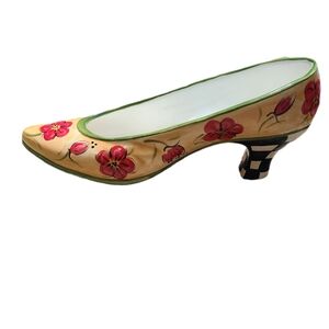 Hand-Painted Decorative Floral Ceramic Shoe Figurine Yellow and Red